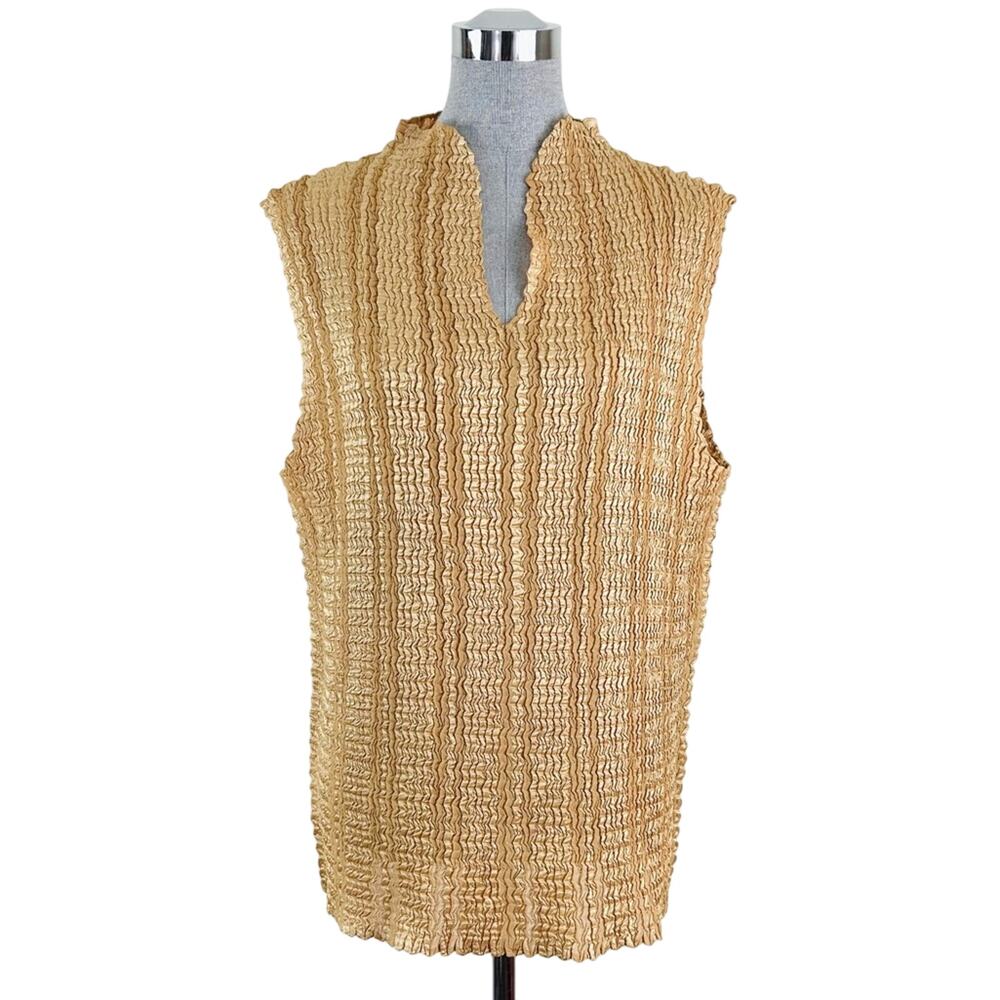 Vintage Ashley Stewart Textured Pleated Popcorn Stretch Top Gold Stripe Size 3X
